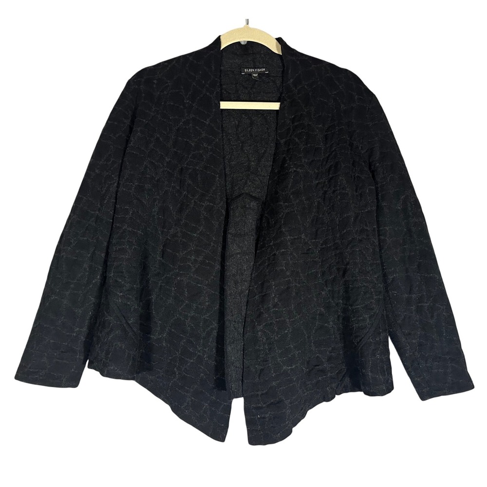 Eileen Fisher Mosaic Wool Blend Asymmetric‎ Cardigan Sz L Sweater Jacket Black